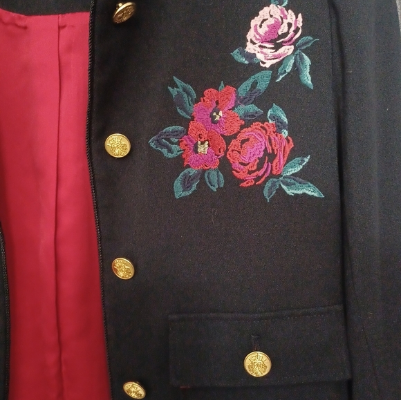and eawy women's jacket black and gold buttons floral embroidery sz 6 and pocket - Picture 10 of 12